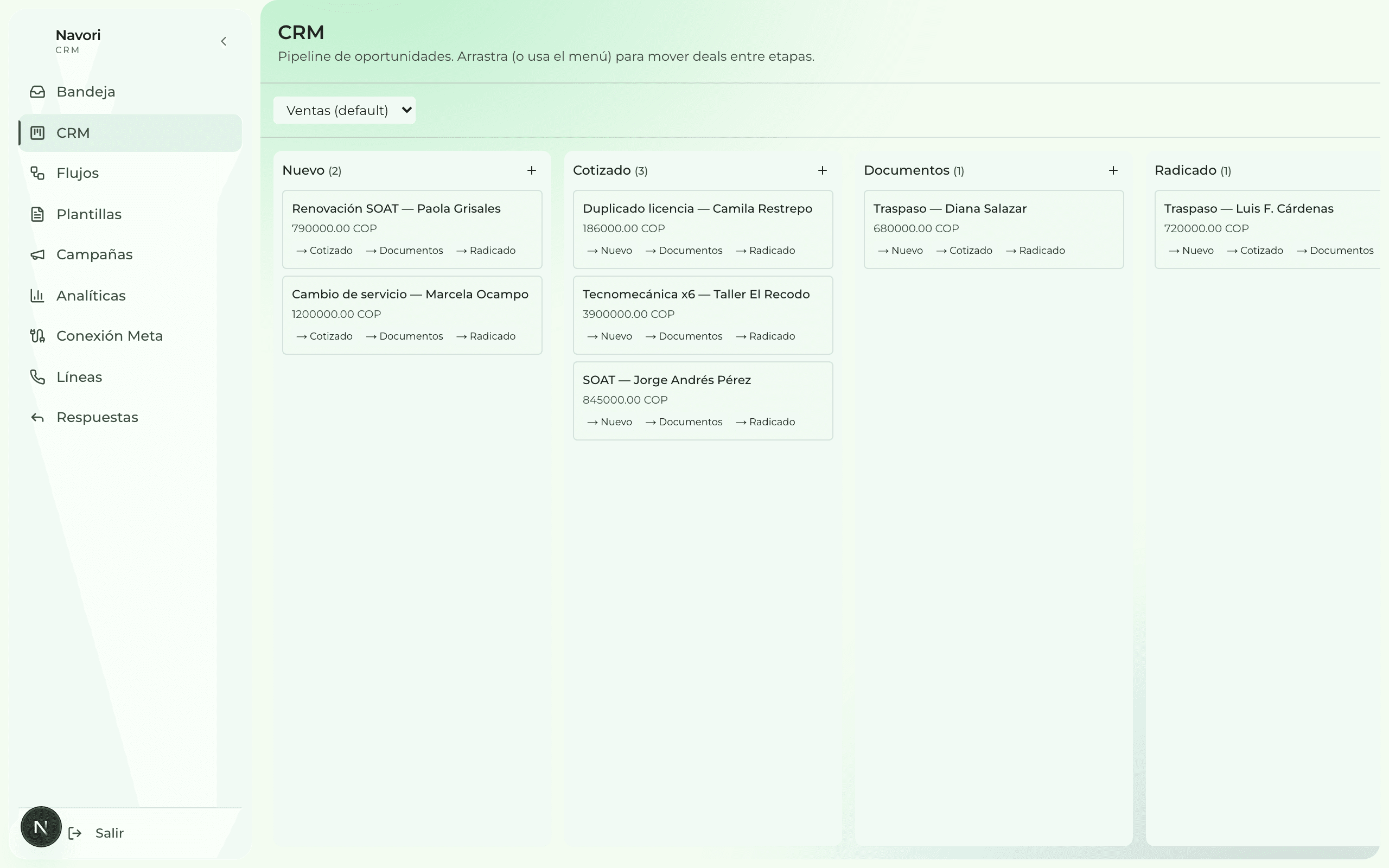 Pipeline kanban de Navori CRM con oportunidades por etapa.